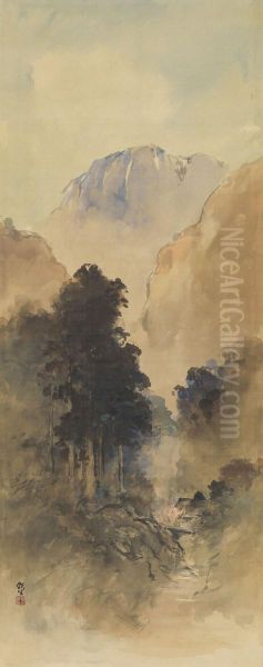 Landscape Signed In Japanese Ink And Colour On Silk, Mounted On Paper With Silk Image: 12.5 X 49.9 Cm. One Seal Of The Artist Oil Painting by Ishikawa Kin'Ichiro