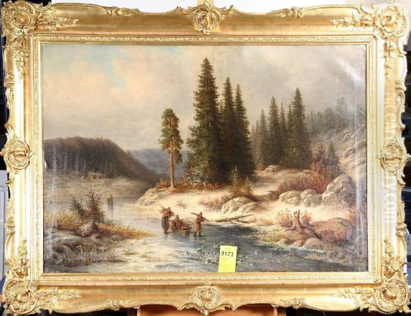 Lars Gustav : Vinterlandskap Med Figurer Pa Is, Signerad G. Kinmanssson 1860 Oil Painting by Gustaf Kinmansson