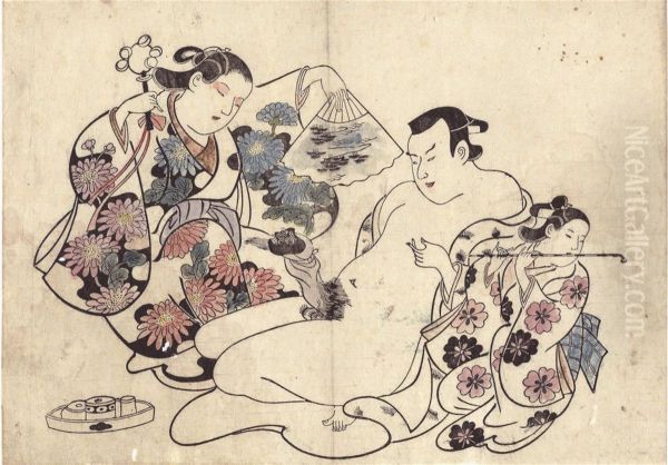 Three Shunga Prints Oil Painting by Torii I Kiyonobu