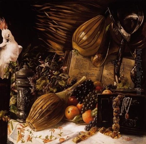 Still Life With White Cockatoo Oil Painting by Franz Georg Kleber
