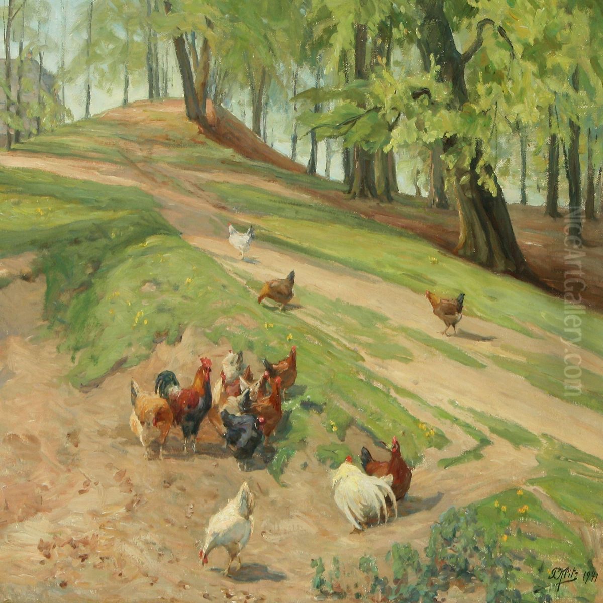 Chinckens In The Forest Oil Painting by Peder Klitz