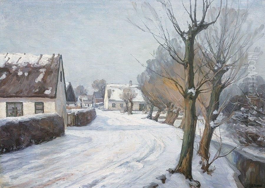 A Village In Denmark In Wintertime Oil Painting by Peder Klitz
