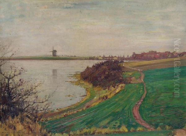 Seeufer, Mit Muhle Auf Der Gegenuber Liegenden Seite Oil Painting by Hans Klohss