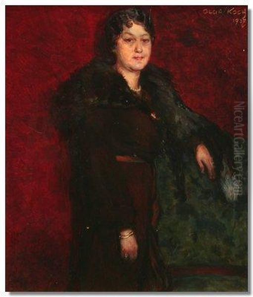 Full-length Portraitof A Lady With A Fur Cape, Red Dress Oil Painting by Olga Koch