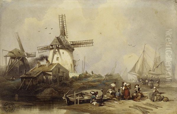 Windmills, Sailboats And Fishermen On The Beach Oil Painting by Johannes Hermanus Koekkoek