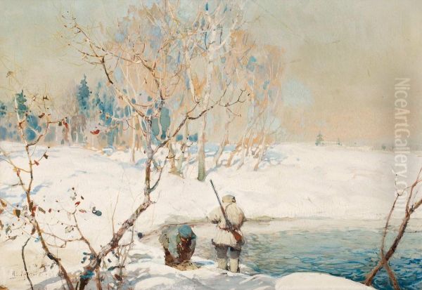 Jagare I Vinterlandskap Oil Painting by Ivan Feodorovich Kolesnikov