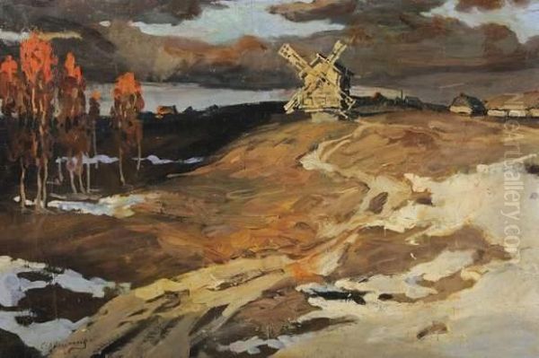 Moulin Sous La Neige Oil Painting by Sergej Michaijlovic Kolesnikov
