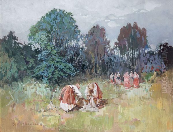 Les Paysannes Oil Painting by Stepan Feodorovich Kolesnikov