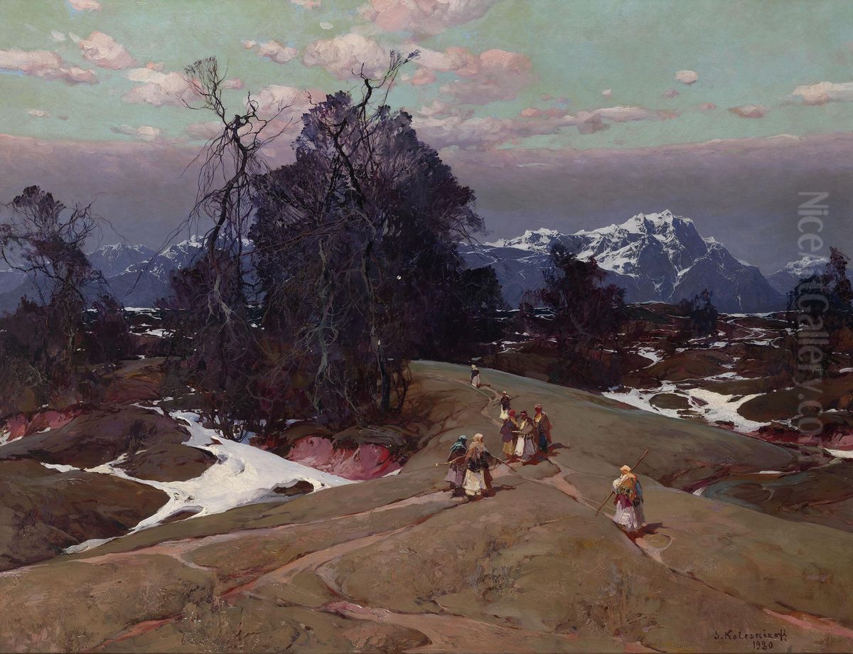 Mountainous Landscape Oil Painting by Stepan Feodorovich Kolesnikov
