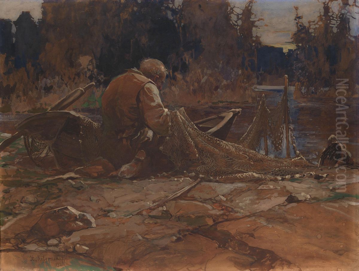 Fisherman Oil Painting by Stepan Feodorovich Kolesnikov
