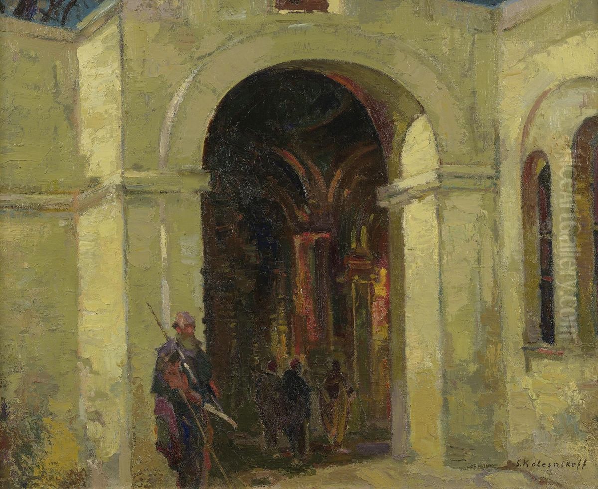 Entrance To A Church Oil Painting by Stepan Feodorovich Kolesnikov