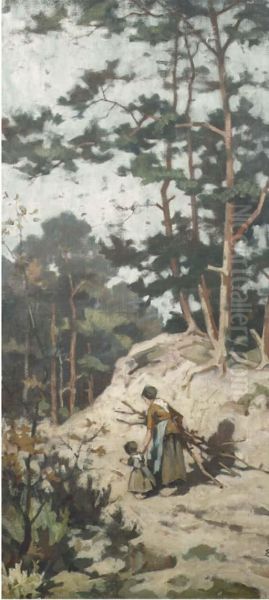 Gathering Wood In The Forest Oil Painting by Edzard Willem Koning