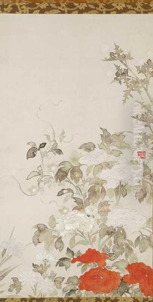 Peonies Oil Painting by Ogata Korin