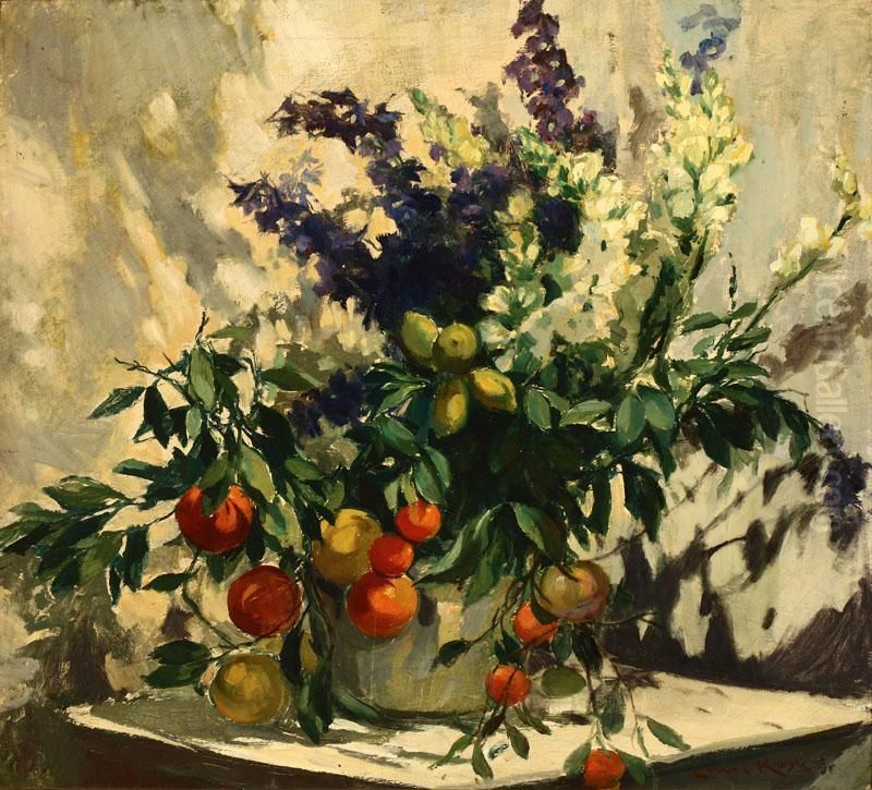 Floral And Fruit Still Life Arrangement Oil Painting by Emil Jean Kosa