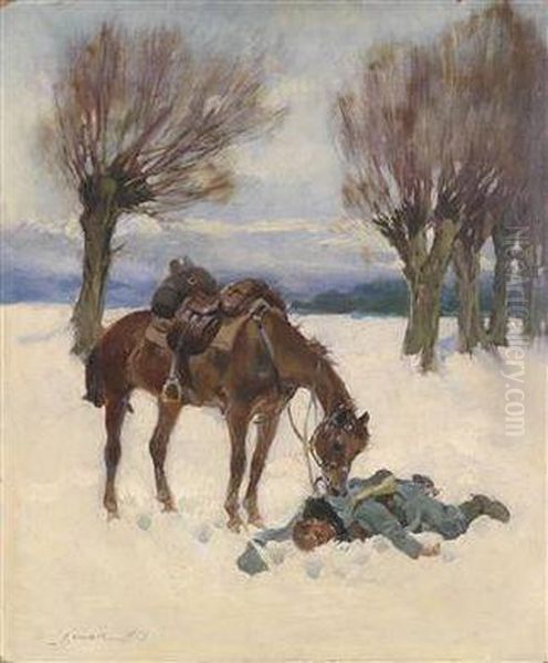 Liegender Soldat Oil Painting by Jerzy Kossak