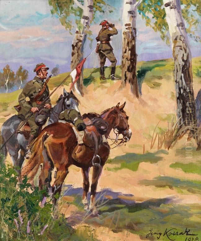 Polnische Kavalleristen In Einer Dunenlandschaft Mit Birken Oil Painting by Jerzy Kossak