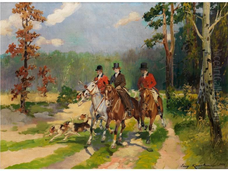 Drei Jagdreiter Beim Ausritt Oil Painting by Jerzy Kossak