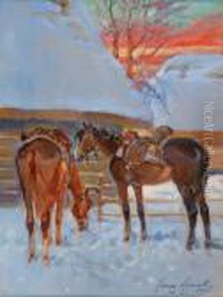 Konie Przy Chacie Oil Painting by Jerzy Kossak