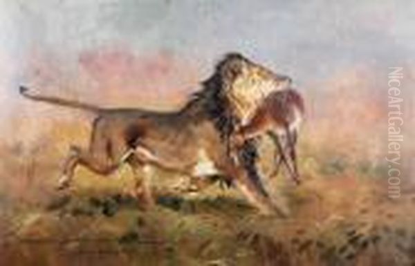 Lew Z Upolowana Antylopa Oil Painting by Jerzy Kossak
