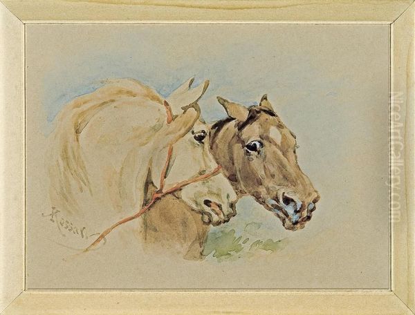 Heads Of Two Horses Oil Painting by Juliusz Kossak