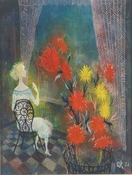 Frau Neben Einem Grosen Blumenstaus Vor Einem Fenster Sitzend Oil Painting by Arthur Kossow