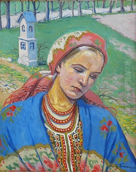Portret Dziewczyny W Stroju Ludowym Oil Painting by Jozef Krasnowolski