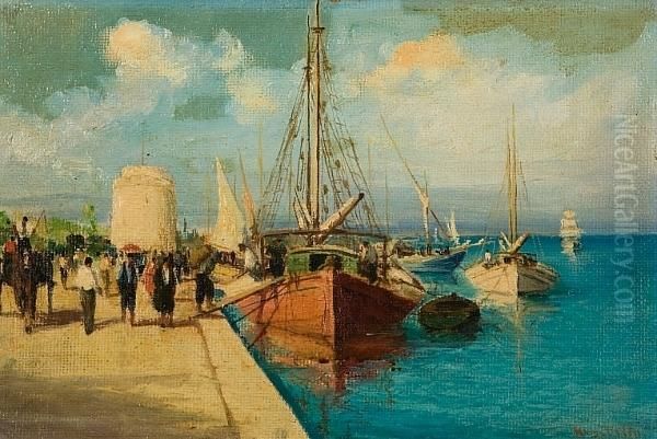 A) Promenade By The White Tower, Thessaloniki
Signed ?krystallis? (lower Right)
Oil On Hardboard
24.5 X 37.5 Cm.

B) Fishermen On A Beach Oil Painting by Andreas Krystallis
