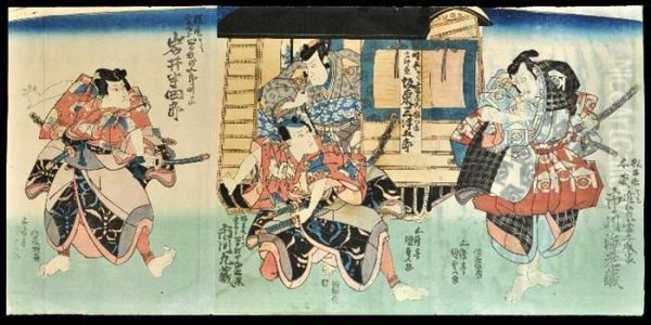 Triptych: Two Men Emerging From A Palanquin Are Attacked By Warriors Oil Painting by Gototei Kunisada