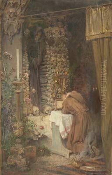 Allerseelenfest Auf Demkapuzinerkirchhof, In Einer Mit Gebeinen Angefullten Grabnische,ein Auf Den Knien Betender Kapuziner Oil Painting by Gustav Adolf Kuntz