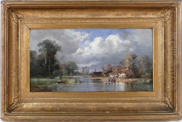 Washer Women Oil Painting by Charles Euphrasie Kuwasseg