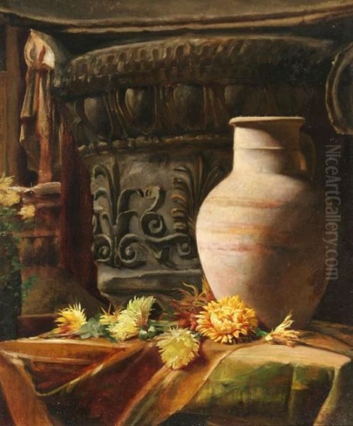 Still Life With Urn, Vase And Flowers Oil Painting by Ellen Ladell