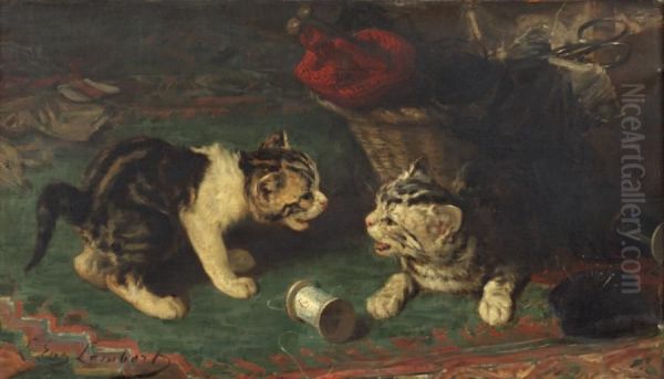 Deux Chatons Jouant Avec Une Bobine Oil Painting by Louis Eugene Lambert