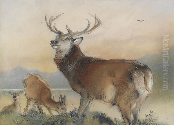 A Stag And Two Hinds Before A Loch Oil Painting by Sir Edwin Henry Landseer