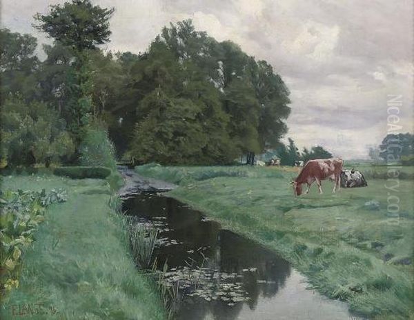 Cows Grazing By A Waterway Oil Painting by Fritz Lange