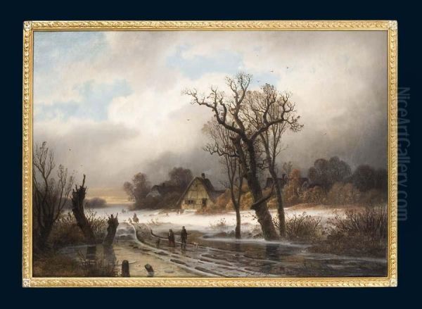 Romantische Verschneite Dorflandschaft Oil Painting by Gustav Johann Lange