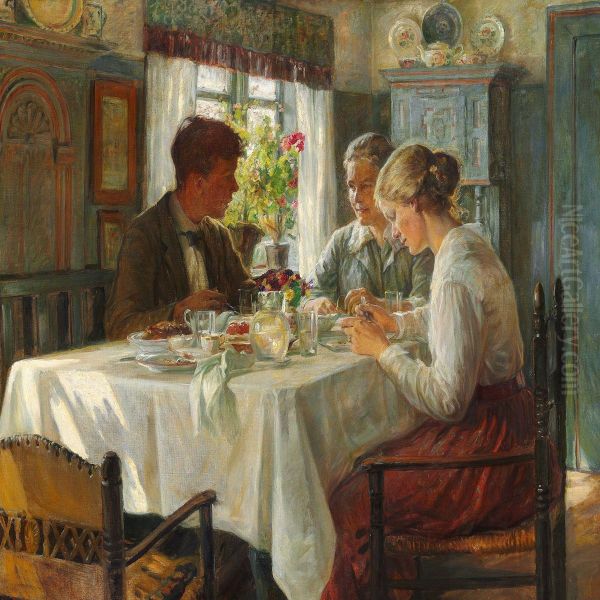 Ved Frokosten Oil Painting by Knud Larsen