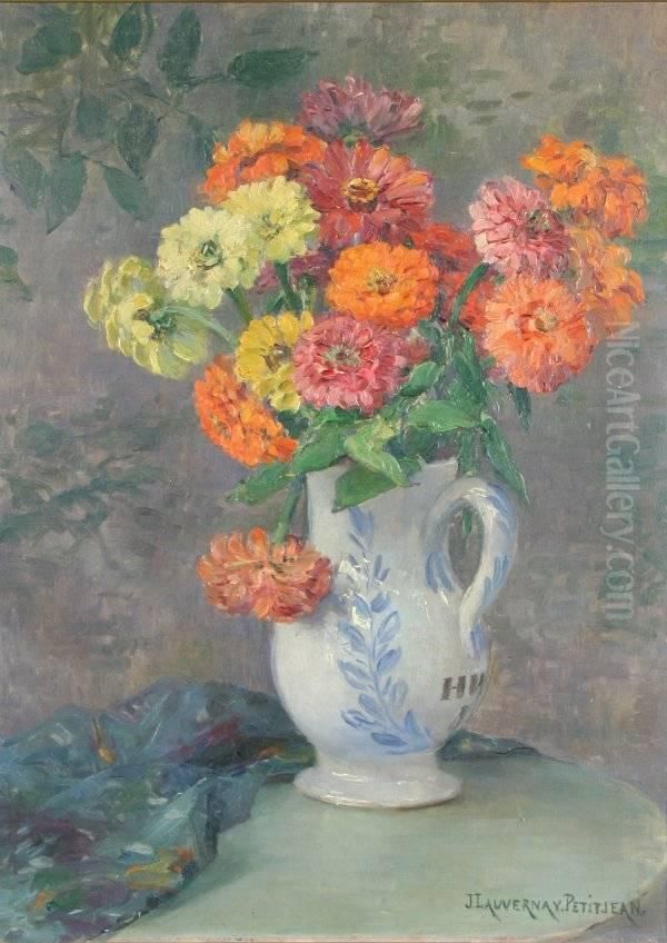 Zinnias In A Pitcher Oil Painting by Jeanne Lauvernay-Petitjean