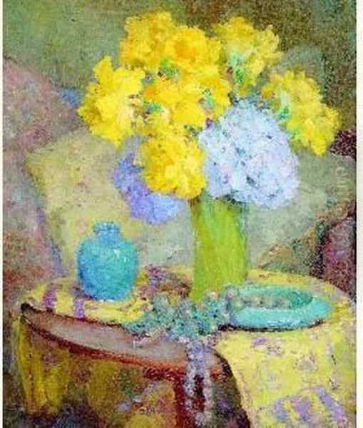 Vase De Fleurs Et Bijoux Sur Un Entablement Oil Painting by Jeanne Lauvernay-Petitjean