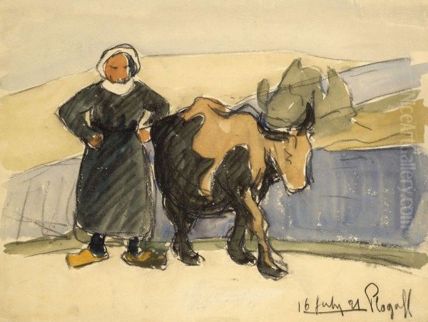 Plogoff Paysanne Et Sa Vache Oil Painting by Maurice Le Scouezec