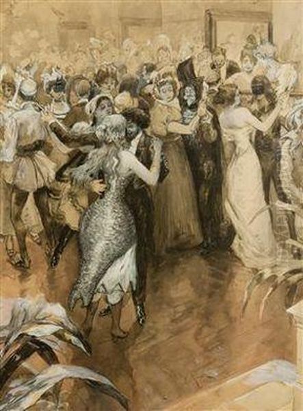 A Fancy Dress Party Oil Painting by Otakar Lebeda