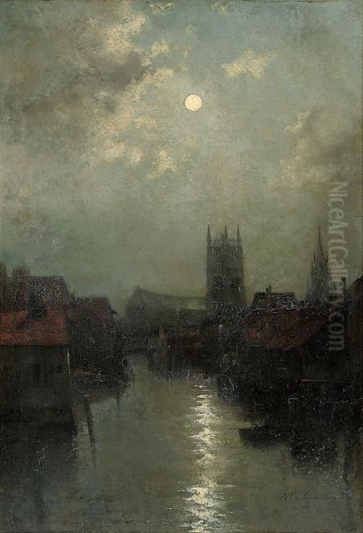 Pecherie A Gend, Le Soir Oil Painting by Egide Leemans