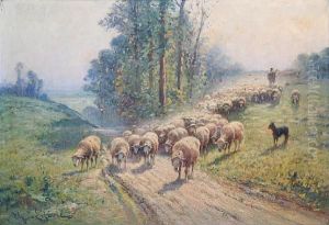 'moutons', Shepherd And Flock On A Pathway Ina Country Landscape