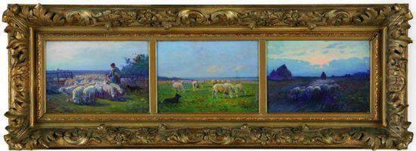  Le Berger Et Ses Moutons : Le Lever Du Jour - Aux Champs - Crepuscule  Oil Painting by Charles Lefevre