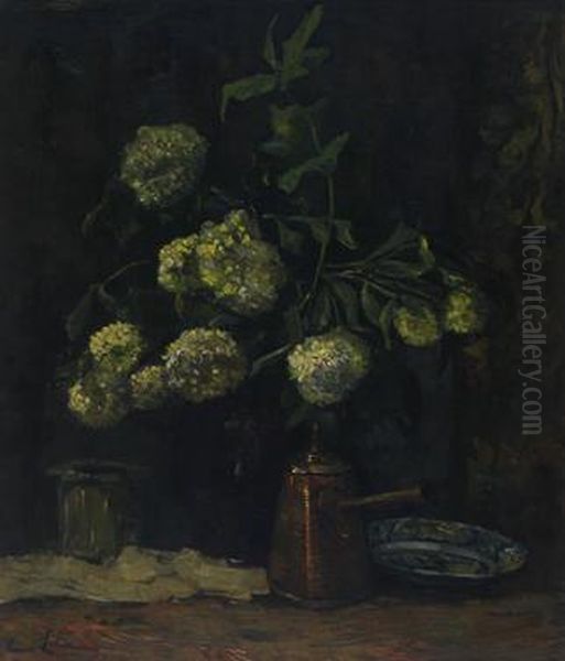 Hortensia's In A Pot Oil Painting by Anna Elisabeth Fred. Lehmann