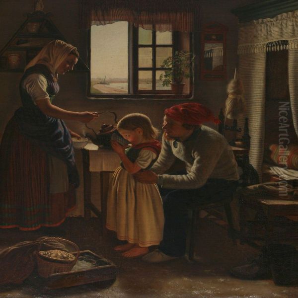 Interior With A Fisherfamily From Skovshoved Neighbourhood, Denmark Oil Painting by Edvard Lehmann