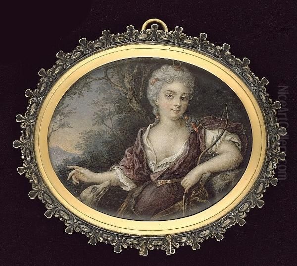 A Lady In The Guise Of Diana The Huntress, Wearing White Underdress And Plum-coloured Open Robe, Gold Belt, A Red Ribbon And Gold Crescent Moon In Her Powdered Hair, A Bow In Her Hand, A Dog By Her Right Hand, Landscape Background Oil Painting by Andrew Benjamin Lens