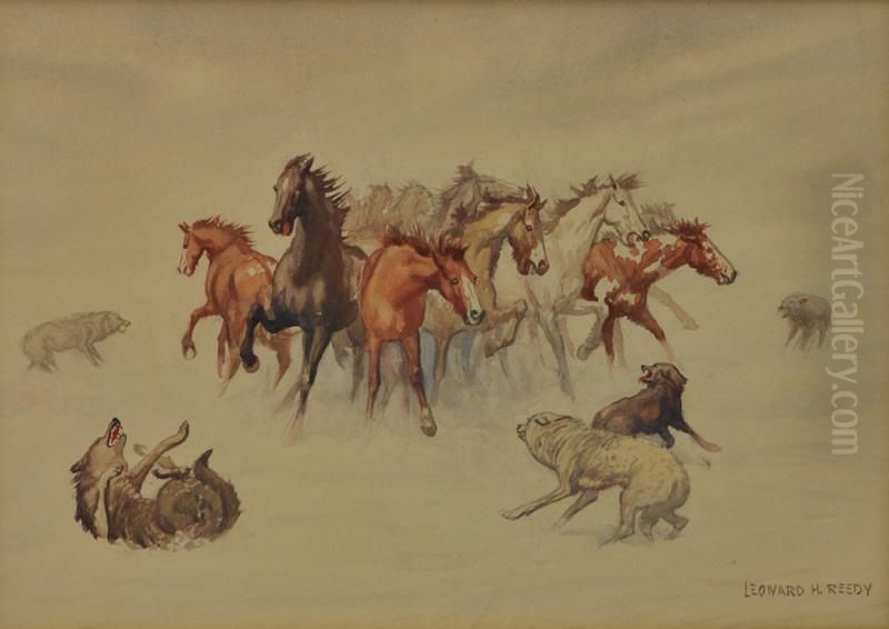 Mustangs And Wolves Oil Painting by H. Reedy Leonard