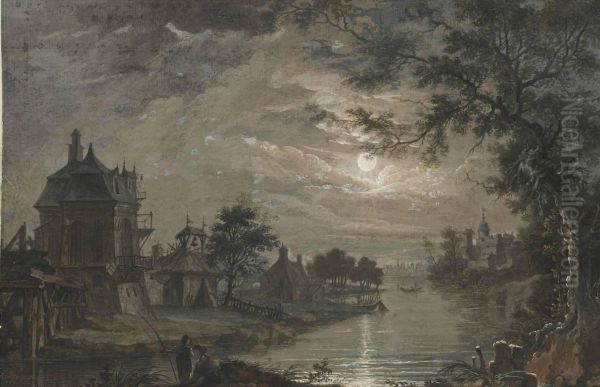 Vue Nocturne D'un Village Au Bord D'une Riviere Oil Painting by Louis Lesueur