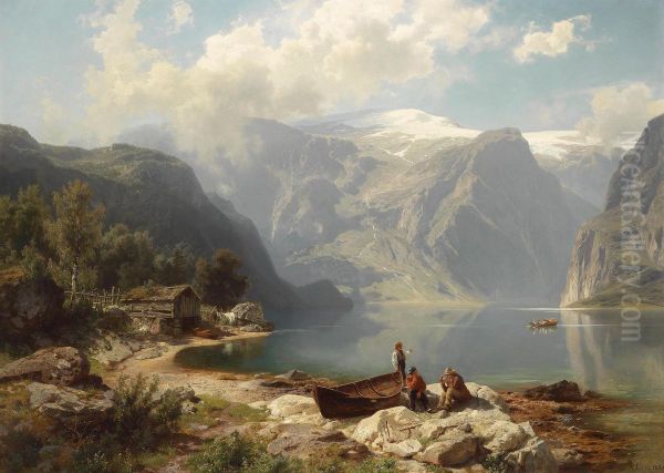 Sunny Day On A Norwegian Fjord Oil Painting by August Wilhelm Leu