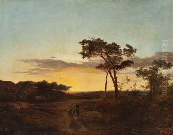 Bauerin In Weiter Landschaft Bei Sonnenuntergang Oil Painting by Cornelis Lieste